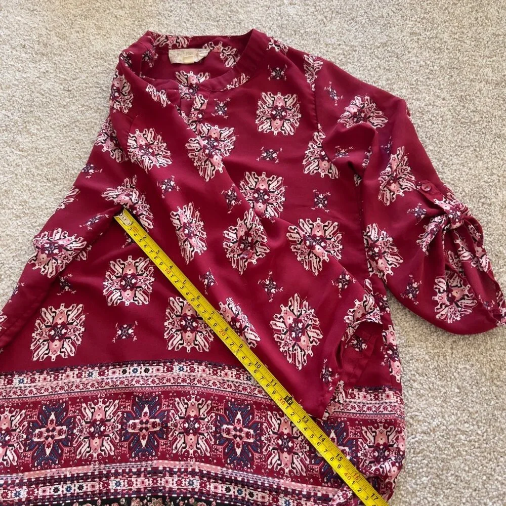 Maroon Abstract Boho Office Work Asymmetrical Top - Picture 5 of 6